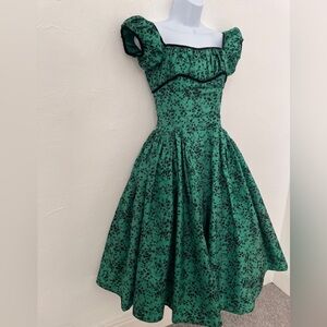 Vintage 1950s Dress Emerald Silk Grosgrain & Black Velvet
